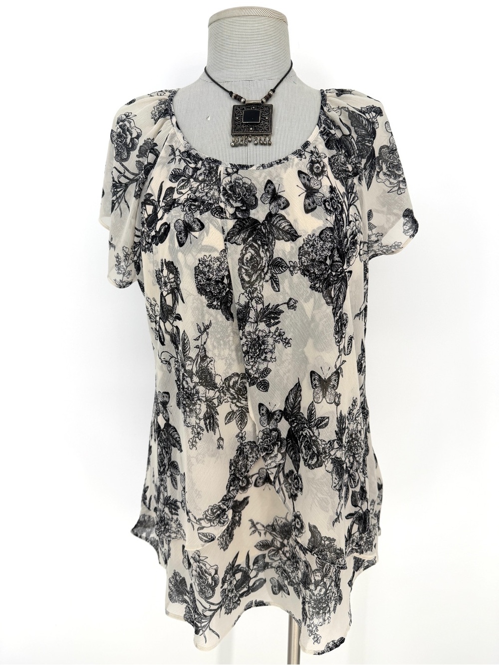 Tamara Floral Butterfly Layered Flowy Blouse 1X Sheer Cottagecore Boho Romantic